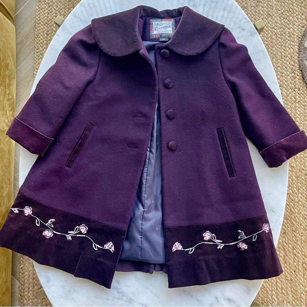 Rothschild vintage wool/velvet pea coat, purple, floral embroidery, 2T, GUC - Picture 3 of 9